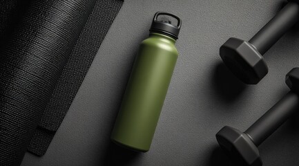 Olive green water bottle rests on dark grey surface alongside rolled yoga mat and black dumbbells; flatlay composition