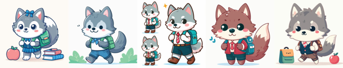 cute wolf vector going to school