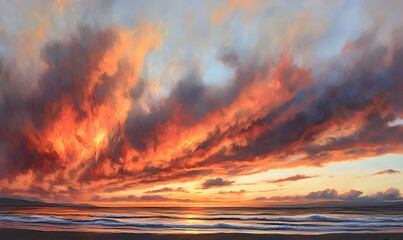 Fiery sunset ocean landscape dramatic cloudscape warm colors nature scene
