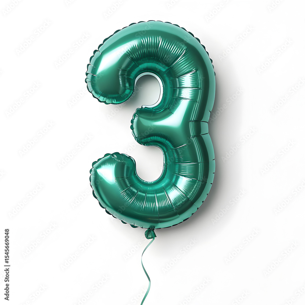 Fototapete a balloon shaped like the number 3,emerald green metallic finish with realistic reflections and smoo