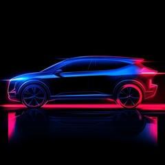 Minimalist side view line art sketch of an electric SUV in blue and red against a sleek black background with negative space