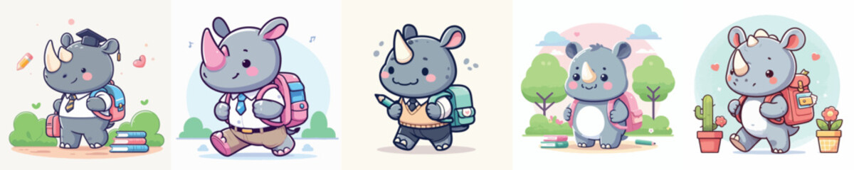 cute rhino vector going to school