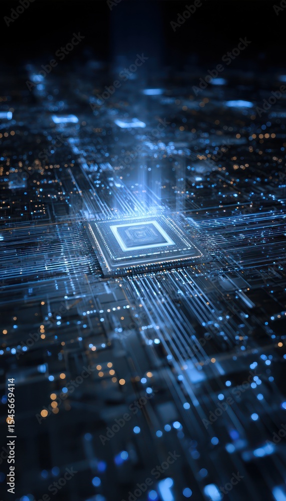 Poster futuristic microchip technology and the essence of modern computing innovation