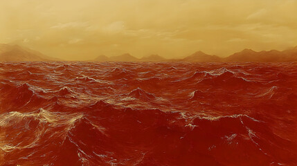 Dramatic red ocean waves seascape hazy sky textured water surface