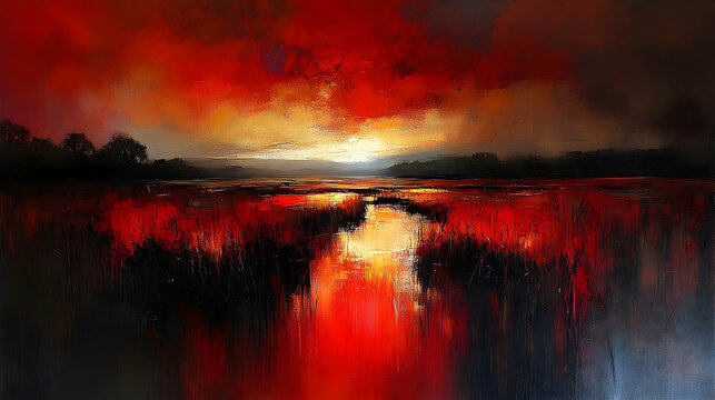 Red sunset landscape painting abstract impressionistic artwork