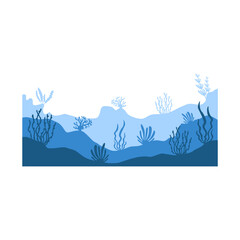Sea underwater landscape background. Ocean bottom with seaweeds. Vector marine scene.