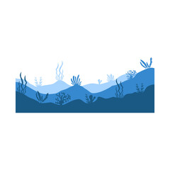Sea underwater landscape background. Ocean bottom with seaweeds. Vector marine scene.
