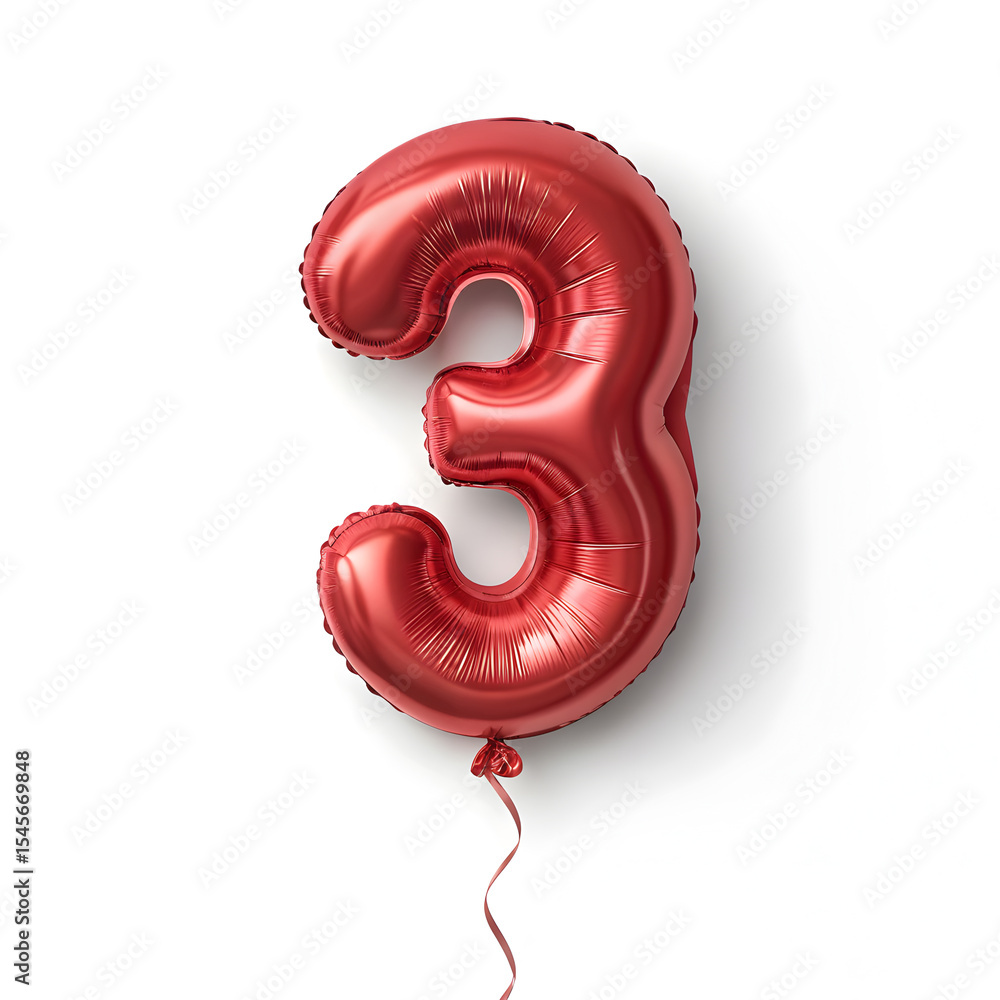 Fototapete a balloon shaped like the number 3,glossy red metallic finish with realistic reflections and smooth 