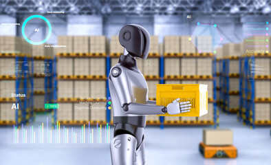 Automation warehouse with assistant robot work in warehouse with digital graphic display