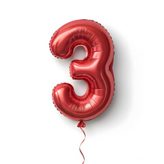 A balloon shaped like the number 3,glossy red metallic finish with realistic reflections and smooth texture.