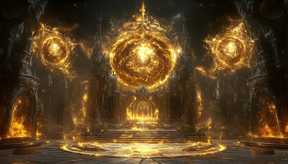 Glowing golden sphere in dark chamber fantasy architecture mystical energy