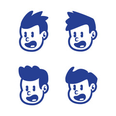 Set of four playful cartoon boy face logos in different hairstyles. Perfect for kid's brand, mascot design, or retro-themed branding. EPS vector included