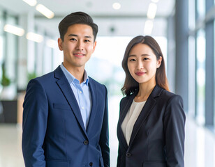 現代的なオフィスの廊下に立つ日本人の男女会社員、若手ビジネスパーソン、笑顔で並ぶ,Young Japanese Businessman and Businesswoman in Modern Office Hallway, Smiling Professionals Standing Side by Side