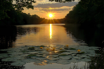 Golden sunset reflection on calm lake with lily pads