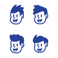 Set of four playful cartoon boy face logos in different hairstyles. Perfect for kid's brand, mascot design, or retro-themed branding. EPS vector included