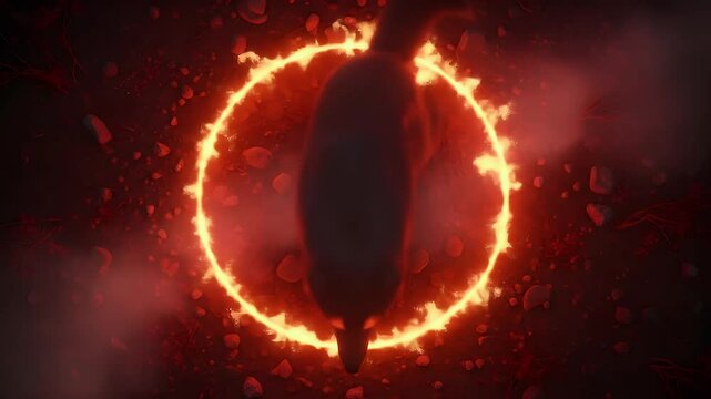 Black wolf lurking inside circle of fire