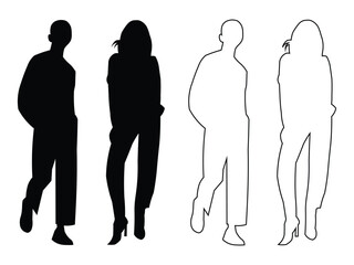Silhouette people vector set in flat style. Silhouettes of Businessman character in different poses, standing front, back, rear, side view, vector set on white background. Vector illustration. 