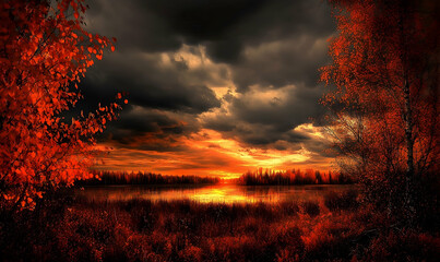 Red autumn sunset over calm lake dramatic sky reflection