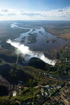 The Zambezi River and Victoria Falls from the air.