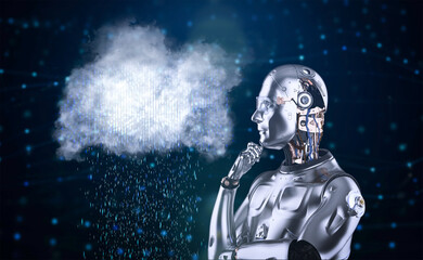 Cloud computing technology concept with robot with graphic display