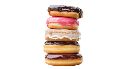 Delicious Stack of Glazed Donuts with Chocolate and Pink Icing isolated on transparent background