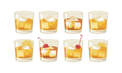 Modern vector illustration featuring classic whiskey-based cocktails in short, ice cubes, lemon slice and cherry garnish in lowball glasses, easily editable and scalable.