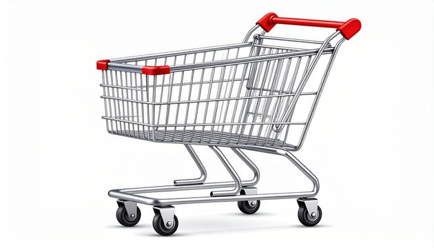 Chrome shopping cart with red accents isolated on a clean white background