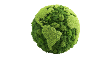 Lush Green Earth Globe 3D Render of a World Covered in Foliage, Representing Environmental Conservation and Sustainability isolated on transparent background