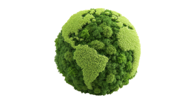 Lush Green Earth Globe 3D Render of a World Covered in Foliage, Representing Environmental Conservation and Sustainability isolated on transparent background