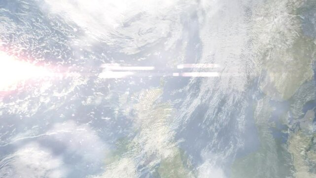 Earth zoom in from space and focus on Thurso, Scotland, Highland, Great Britain. Background for travel intro or blog. Satellite view. 3D style Animation. Images from NASA.
