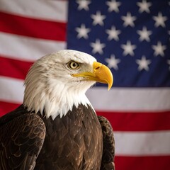 Majestic Bald Eagle Profile Against Blurred American Flag Background