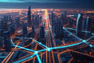 Futuristic Cityscape Night Aerial View Orange Blue Network