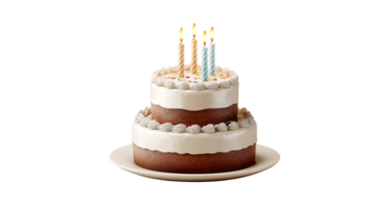Delicious Two-Tiered Chocolate Birthday Cake with Lit Candles and Sprinkles isolated on transparent background