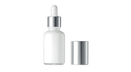 White Dropper Bottle with Silver Cap and Lid Mockup isolated on transparent background