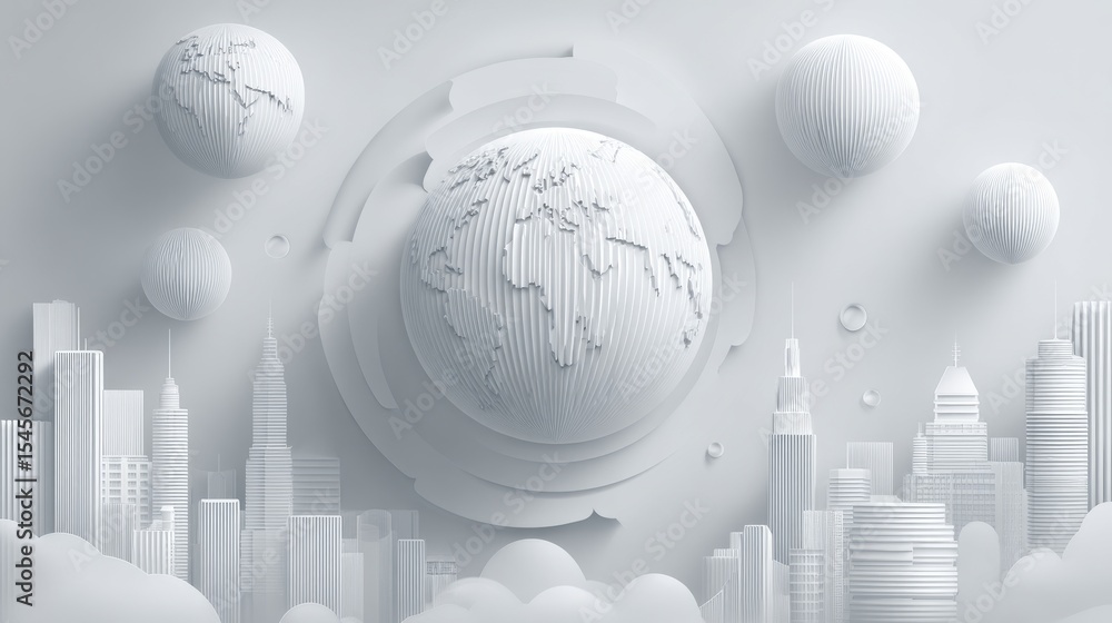 Poster a minimalist 3d rendering of a globe with modern cityscape elements in a serene setting.