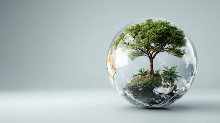 A miniature tree enclosed in a glass globe symbolizing nature and sustainability.