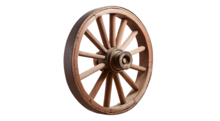Antique Wooden Wagon Wheel, Rustic Brown Spokes, Dark Background isolated on transparent background
