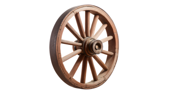 Antique Wooden Wagon Wheel, Rustic Brown Spokes, Dark Background isolated on transparent background