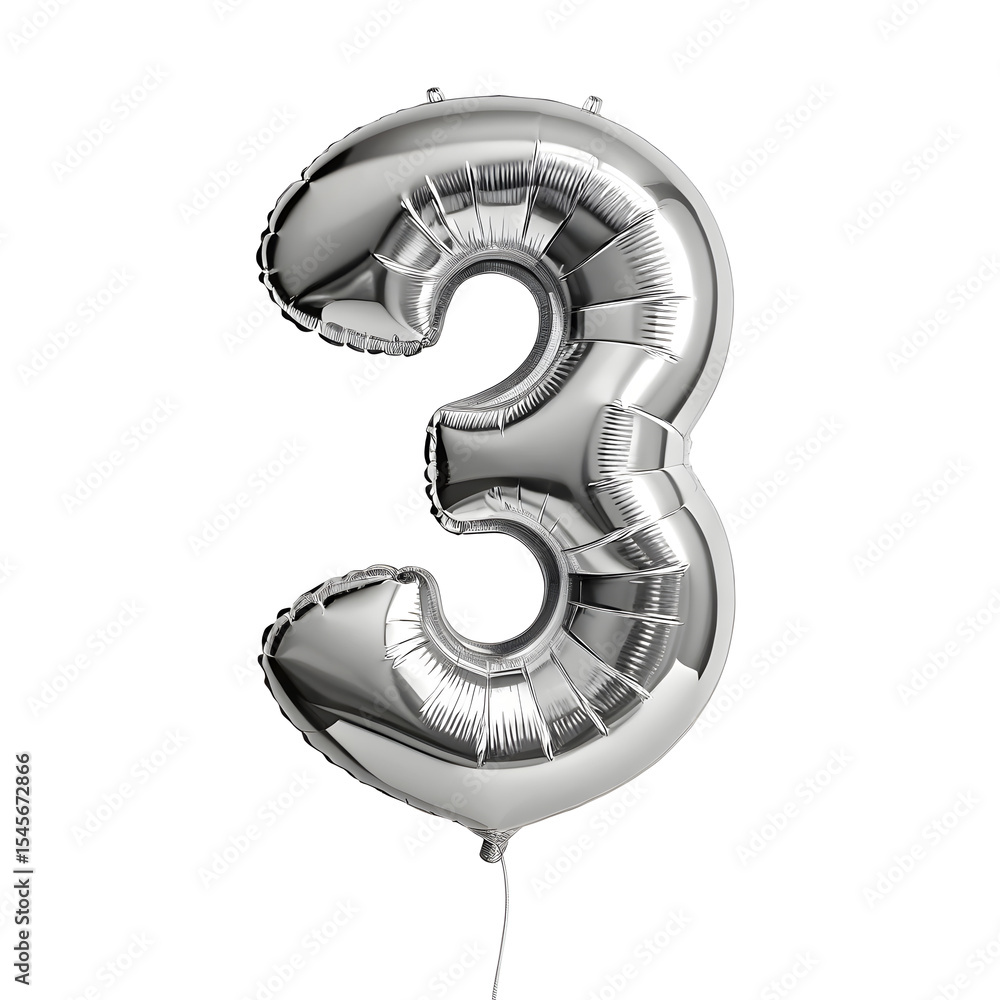 Fototapete a balloon shaped like the number 3 ,silver metallic finish with realistic reflections and smooth tex