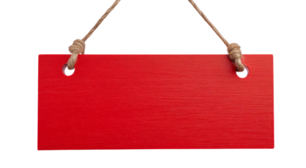 Red Hanging Wooden Sign with Rope, Blank Space for Text isolated on transparent background