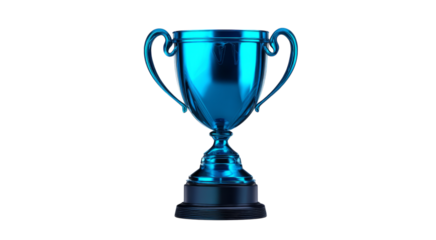 Shiny Blue Metallic Trophy Cup on, Award Winning Design, 3D Render isolated on transparent background