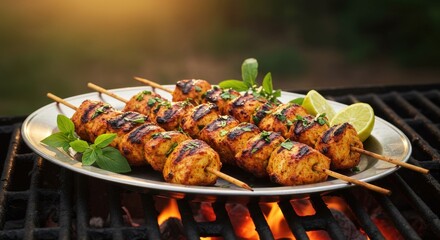 Grilled Chicken Skewers On Plate Over Charcoal Grill