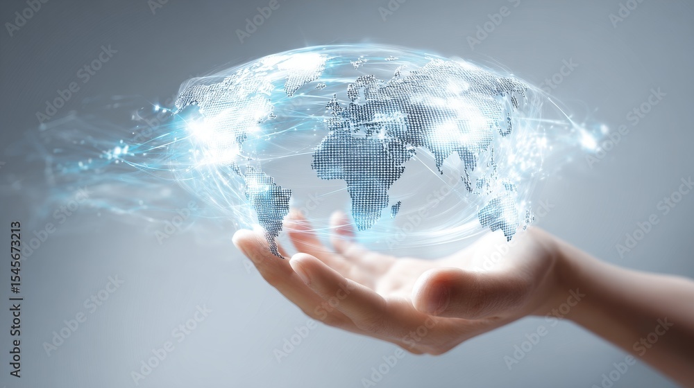 Poster a person holding a glowing globe representing digital connection and innovation.
