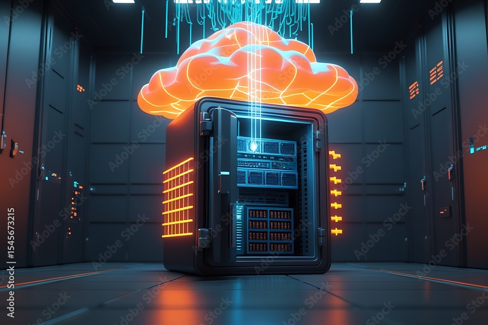 Poster orange cloud data transfer secure server room image