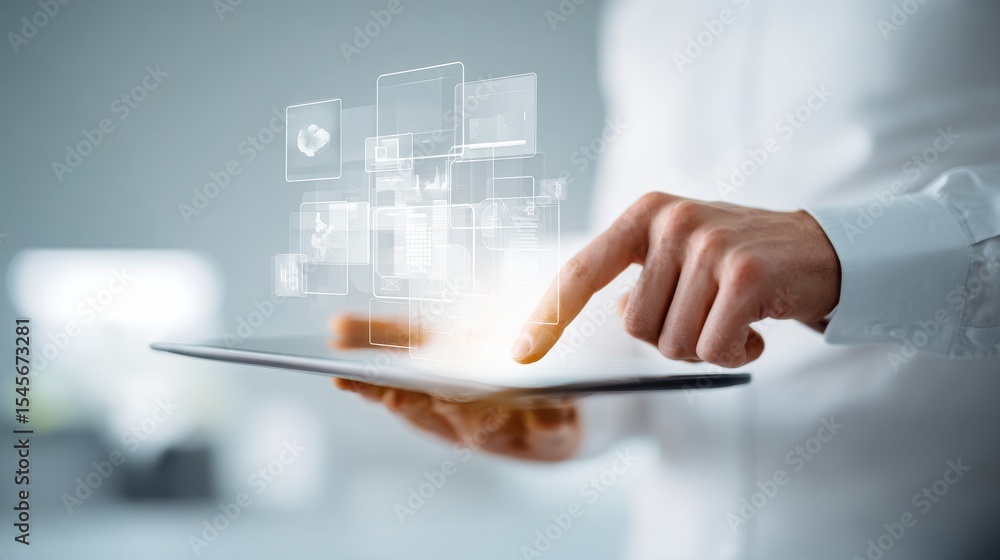 Aufkleber a person interacts with a tablet displaying digital visualizations and icons.