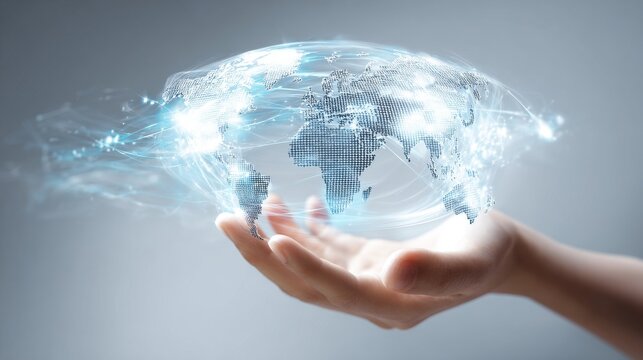 A person holding a glowing globe representing digital connection and innovation.