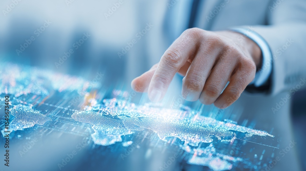 Poster a professional interacting with a futuristic digital interface on a map.