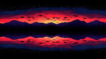 Sunset bats silhouette over lake and mountains reflection