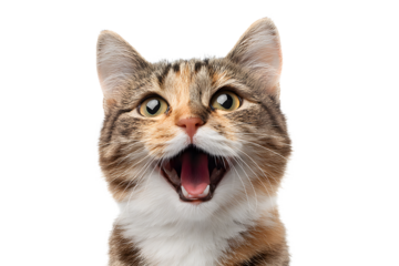 Angry and surprised cat isolated on transparent png background with a funny and excited expression.