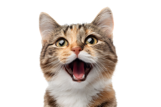 Angry and surprised cat isolated on transparent png background with a funny and excited expression.